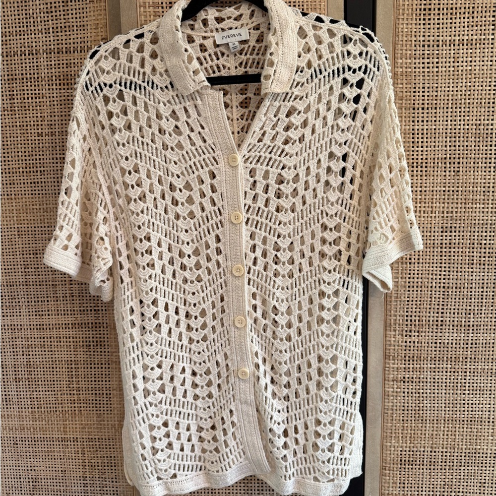 Evereve Cream Crochet Open-Knit Button Down Top